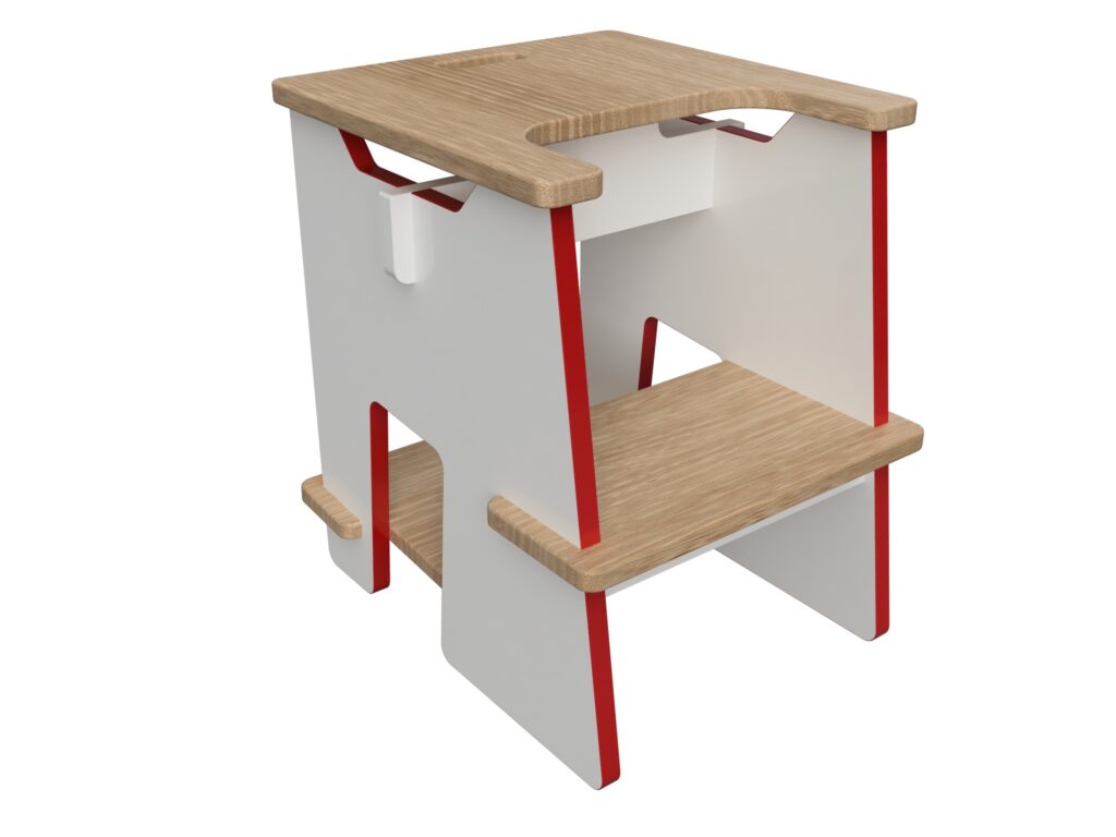 Marchepied en bois naturel avec panneaux latéraux blancs et accents rouges, doté de deux marches et poignées intégrées.