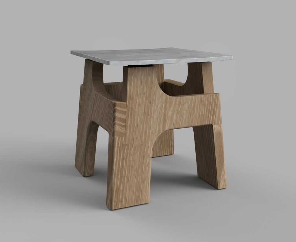 Table d’appoint minimaliste avec plateau carré clair et base en bois sculptée à découpes géométriques.