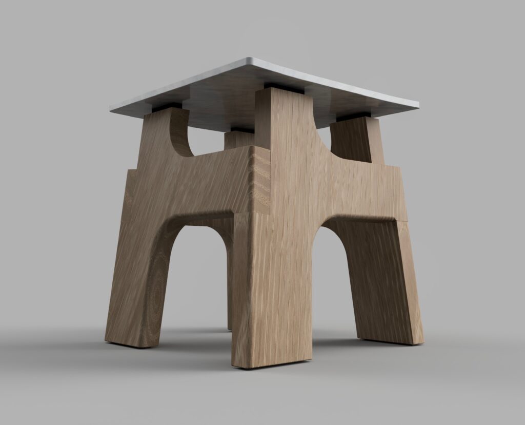 Tabouret minimaliste en bois clair avec arches découpées et plateau rectangulaire.