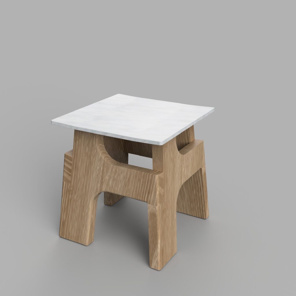 Table contemporaine avec plateau carré blanc et base en bois sculptée aux découpes courbes.